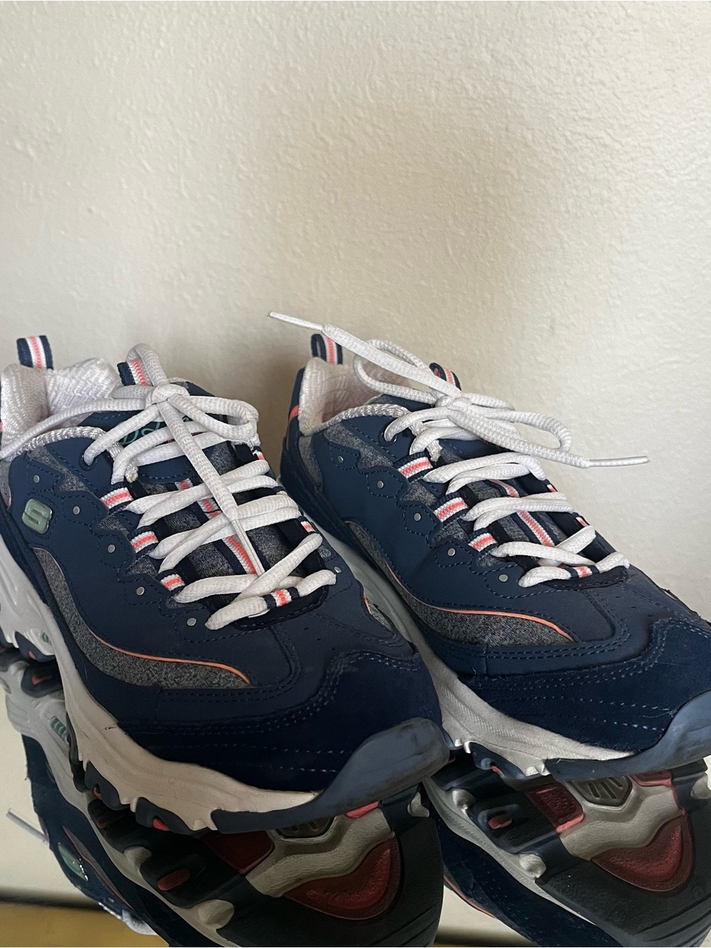 Skechers Women’s Navy and White Sneakers with Pink Accents